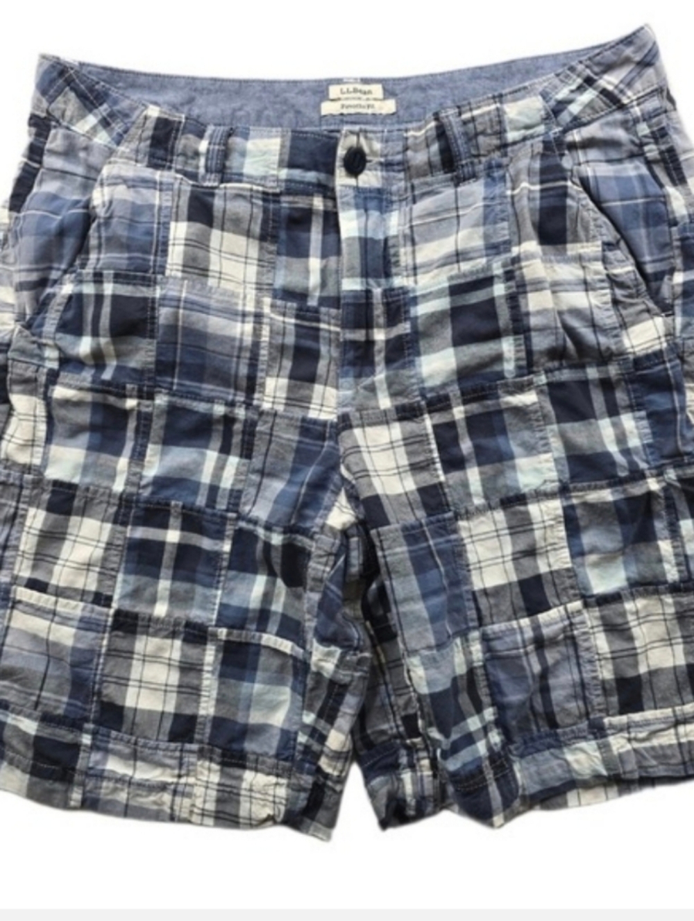 LL Bean Patchwork Shorts Womens 12 Blue White Madras Plaid Cotton Favorite Fit